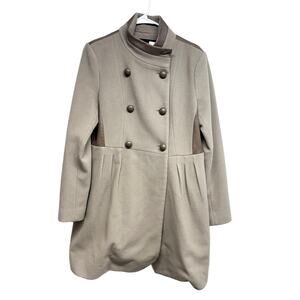 Badgley Mischka Designer Beige Wool Pea Coat Leather Trim Luxury Jacket Large